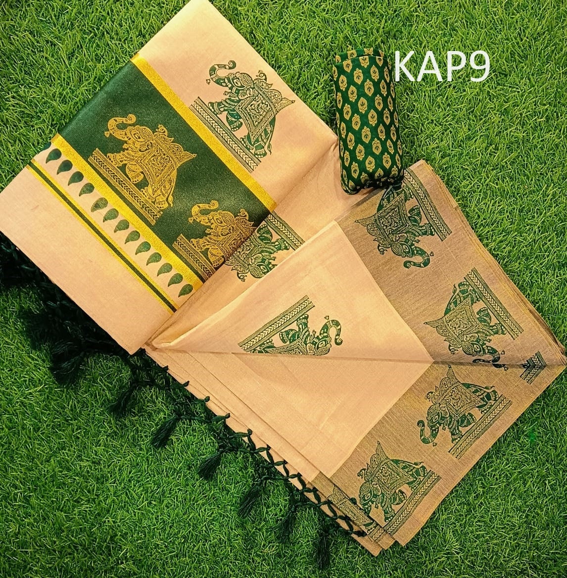 Kerala Traditional Golden Tissue Kunchalam Elephant print Saree with stitched Blouse or Blouse Material Indian Saree Onam,vishu,Festival