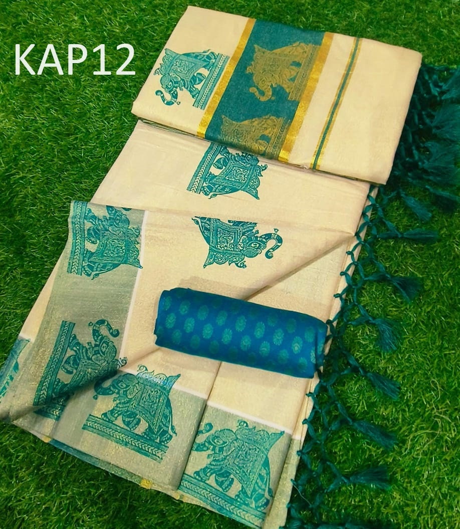 Kerala Traditional Golden Tissue Kunchalam Elephant print Saree with stitched Blouse or Blouse Material Indian Saree Onam,vishu,Festival