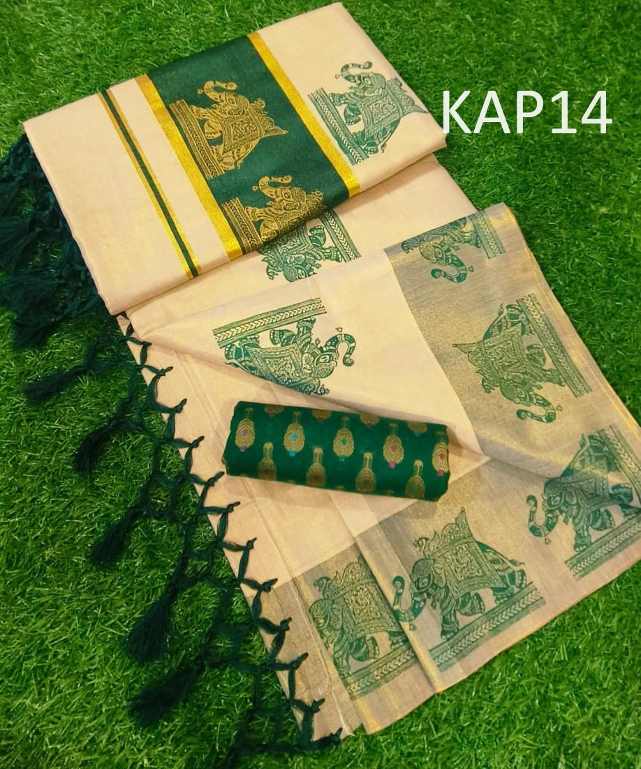 Kerala Traditional Golden Tissue Kunchalam Elephant print Saree with stitched Blouse or Blouse Material Indian Saree Onam,vishu,Festival