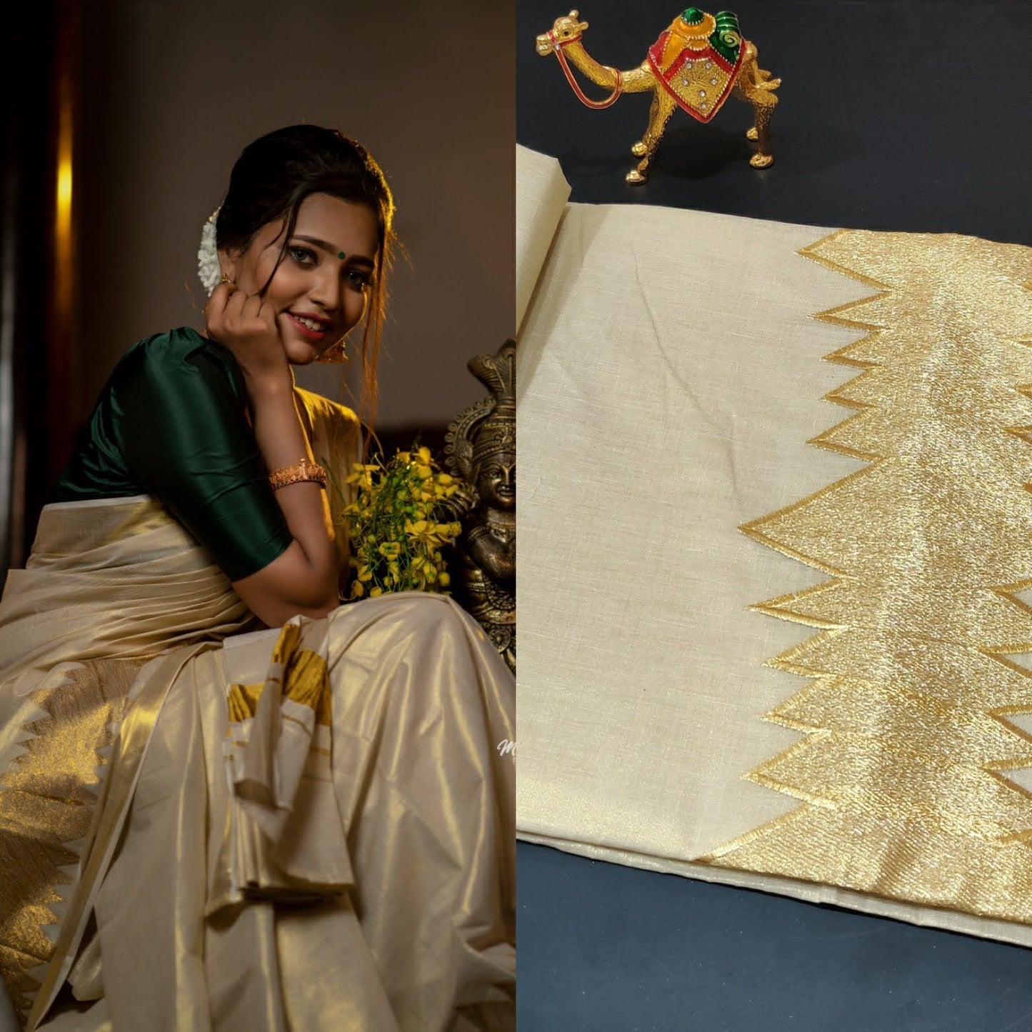 Kerala Embroidered tissue Saree with Stitched Blouse or Blouse Material for Birthday occasions, wedding, Onam,Vishu,Christmas,Ramdan.