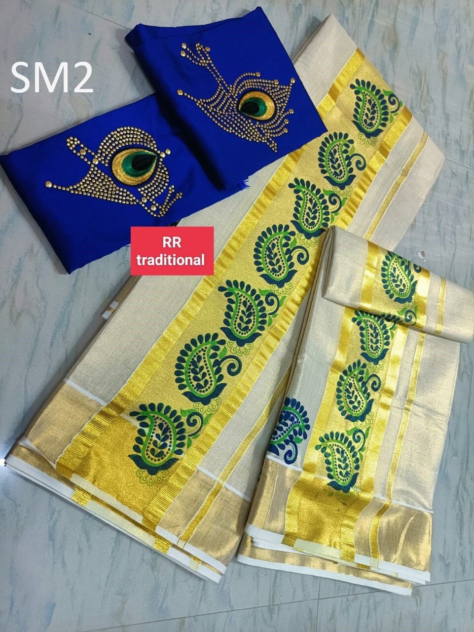 Kerala Special Tissue Printed Set Mundu 2.80 With Stitched Blouse or Blouse Material,Beautiful Kerala Designs,Onam,Vishu,Pooja.