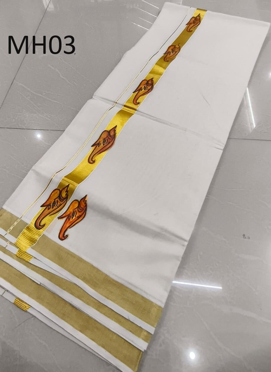 Kerala Hand Painting Cotton Dhothi , Onam dress, Veshti,Men's dhoti, Kerala Mundu,Birth day,Vishu Marriage and all other festival occasion
