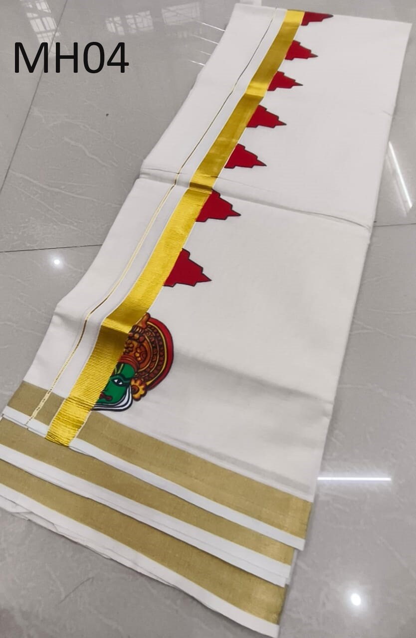 Kerala Hand Painting Cotton Dhothi , Onam dress, Veshti,Men's dhoti, Kerala Mundu,Birth day,Vishu Marriage and all other festival occasion