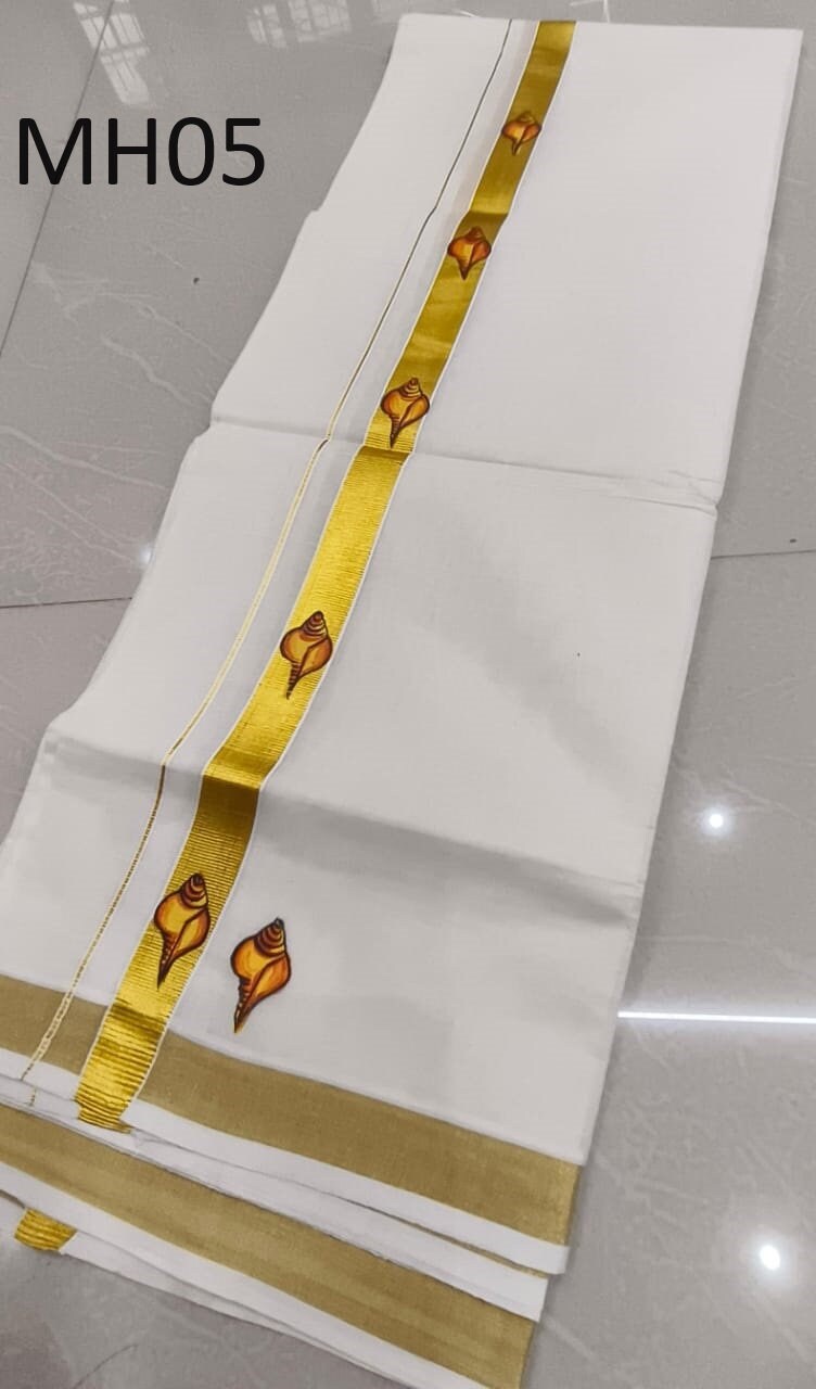 Kerala Hand Painting Cotton Dhothi , Onam dress, Veshti,Men's dhoti, Kerala Mundu,Birth day,Vishu Marriage and all other festival occasion