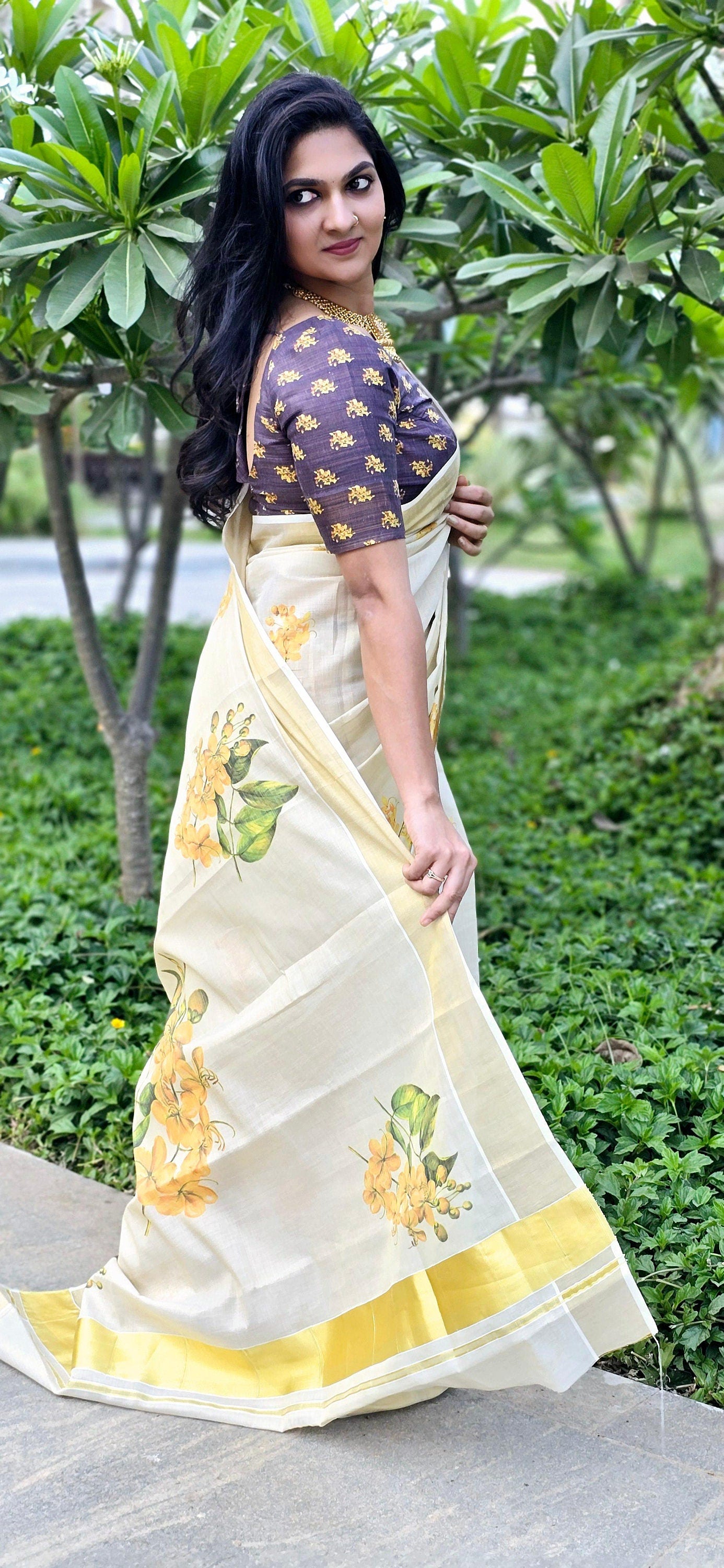 Kerala Digital Flower Print Golden Tissue Ready to wear saree 6.25 mtr, Kerala Saree,Vishu saree,Onam,Marriage,party and other occasion etc