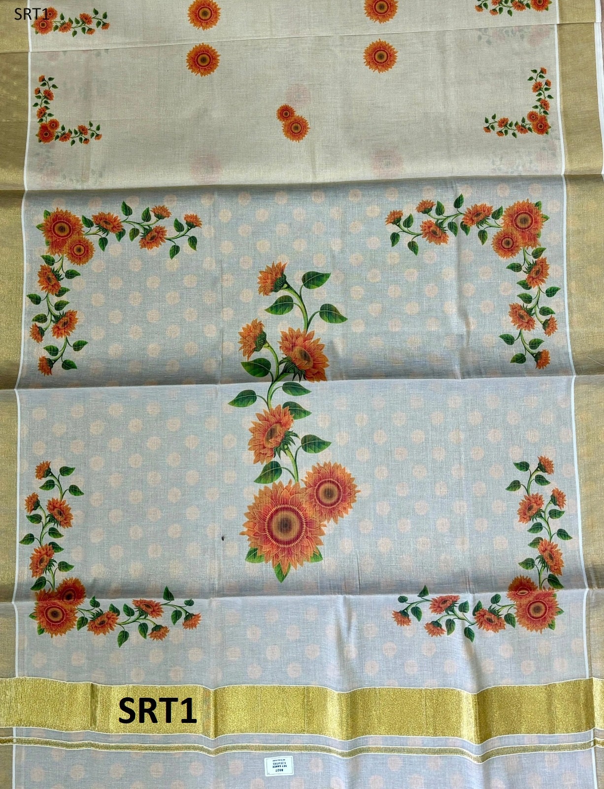 Kerala Digital Flower Print Golden Tissue Ready to wear saree 6.25 mtr, Kerala Saree,Vishu saree,Onam,Marriage,party and other occasion etc