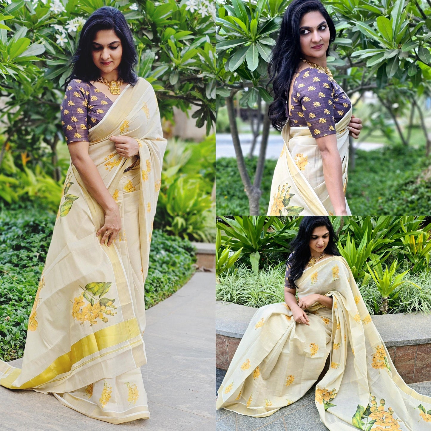 Kerala Digital Flower Print Golden Tissue Ready to wear saree 6.25 mtr, Kerala Saree,Vishu saree,Onam,Marriage,party and other occasion etc