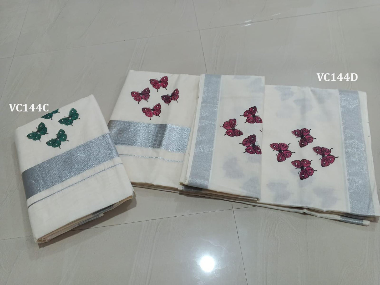 Kerala Traditional Cotton Silver Printed Saree with stitched Blouse or Blouse Material / Indian Saree, Kerala Traditional Saree, Onam Saree.