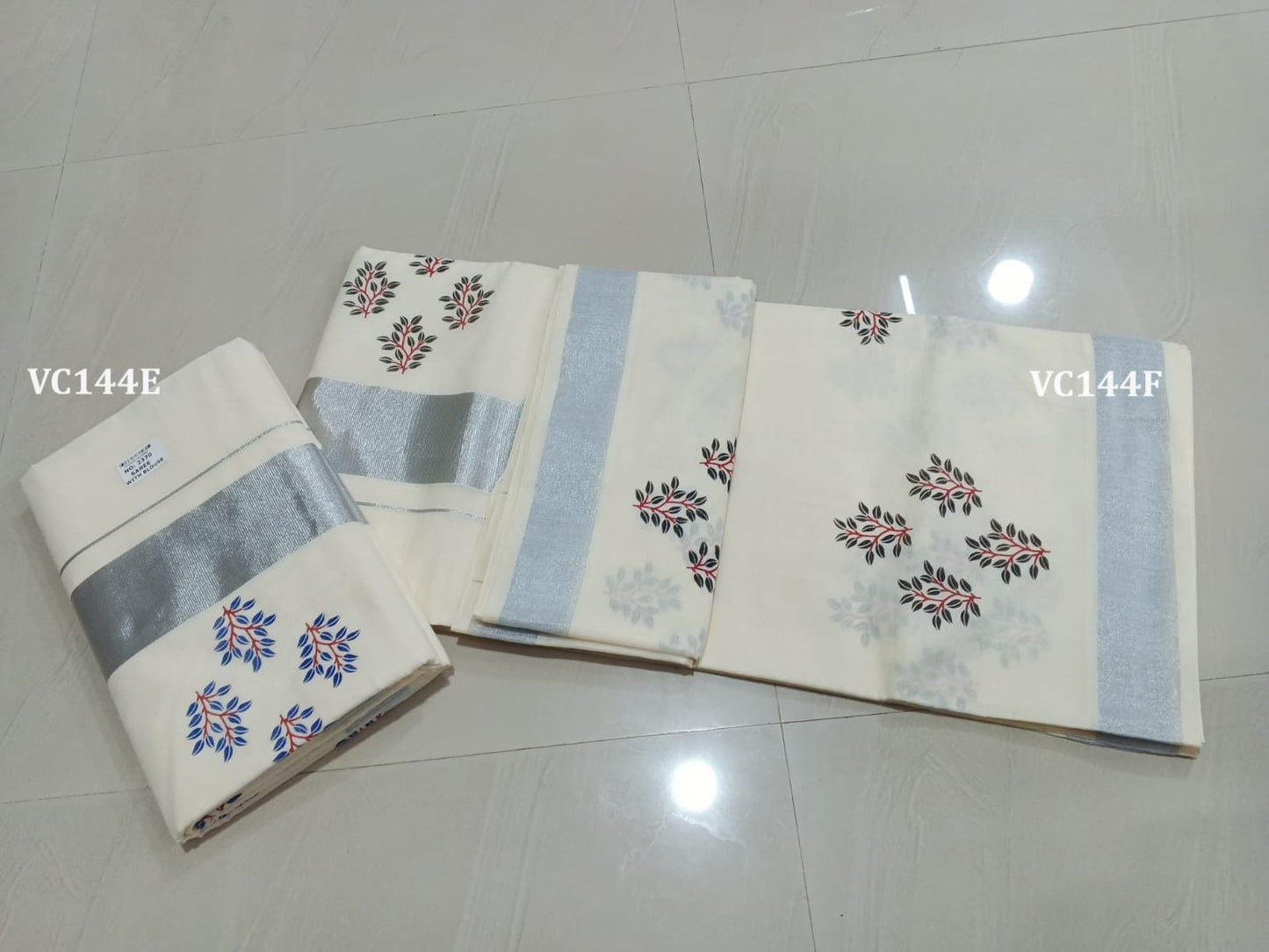 Kerala Traditional Cotton Silver Printed Saree with stitched Blouse or Blouse Material / Indian Saree, Kerala Traditional Saree, Onam Saree.