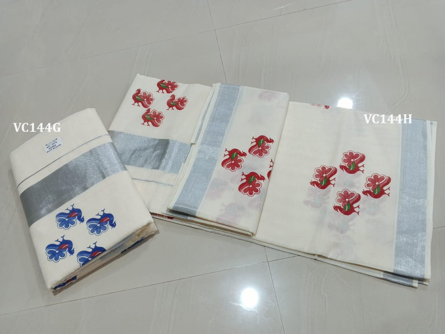 Kerala Traditional Cotton Silver Printed Saree with stitched Blouse or Blouse Material / Indian Saree, Kerala Traditional Saree, Onam Saree.