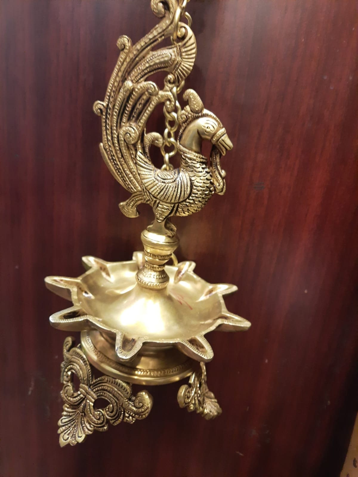 Brass Peacock  Thooku Vilakku with 1 feet Brass Chain /Thongu Vilakku/Hanging  Diya/ Kerala Traditional/  Vilakku for Temple, Pooja room use