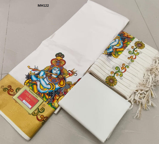 Kerala Golden Mural Print Cotton Churidar Material,Indian traditional women clothing,Handmade design,Onam,Vishu,Marriage,Birthday occassions